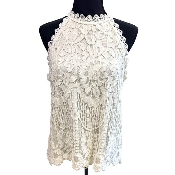 Rockin C  Lace Halter Eyelet Top Ivory Floral Pattern Lined Western Cowgirl Glam - Picture 1 of 10